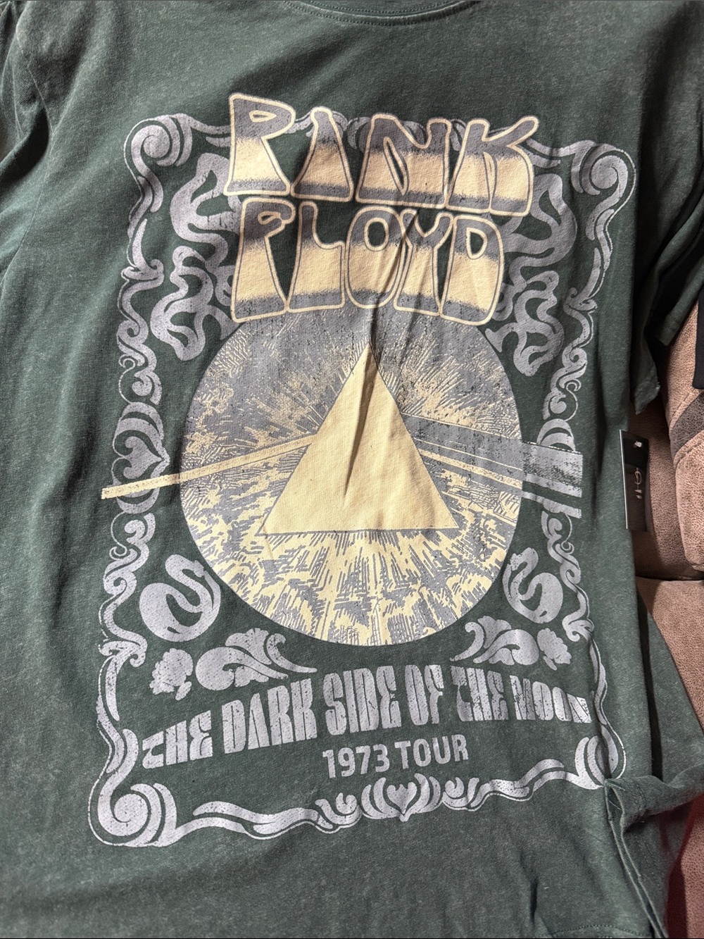 Pink Floyd Green Tee with Gold & White Dark Side Pyramid Graphic